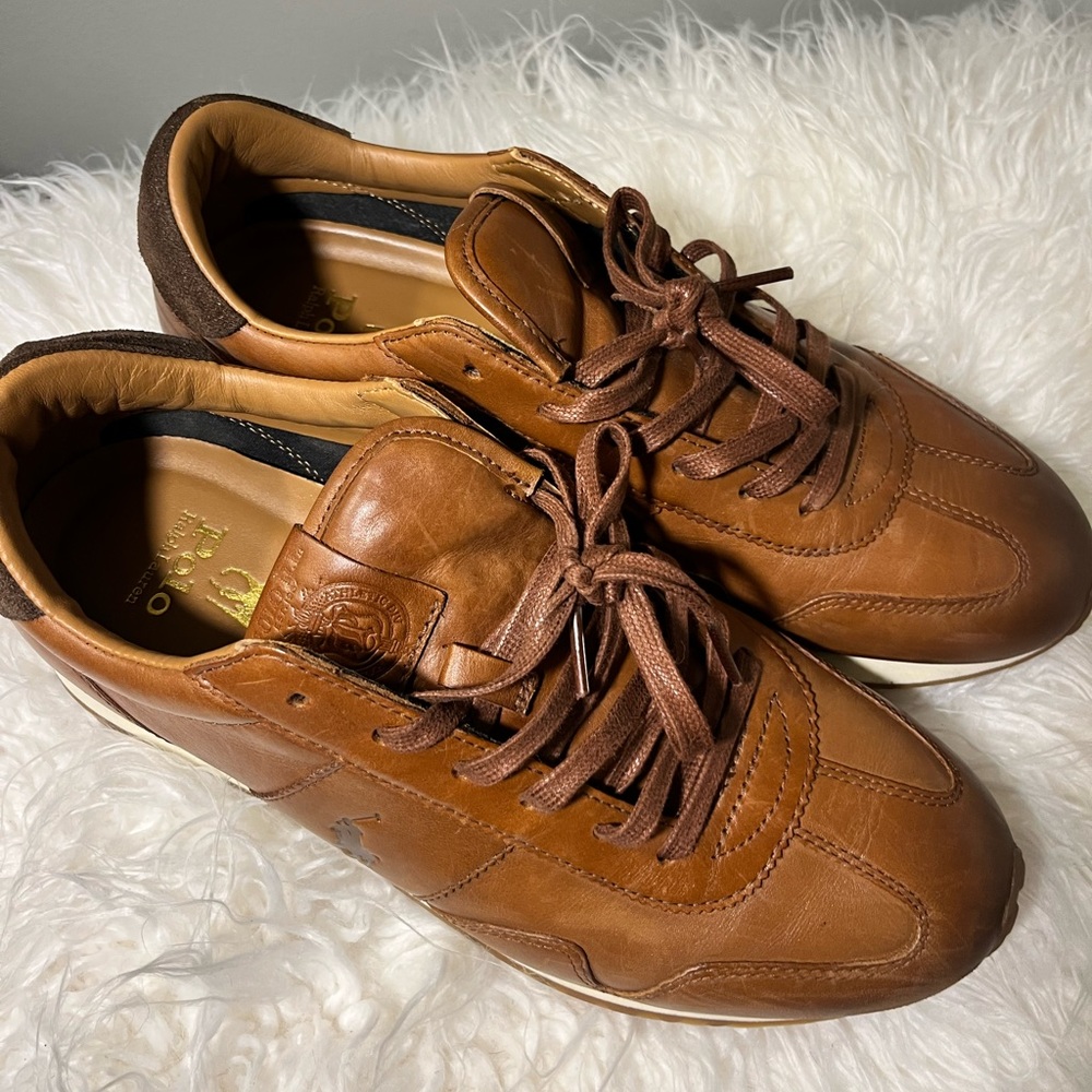 Mens size 8 Polo by Ralph Lauren brown leather sneakers.